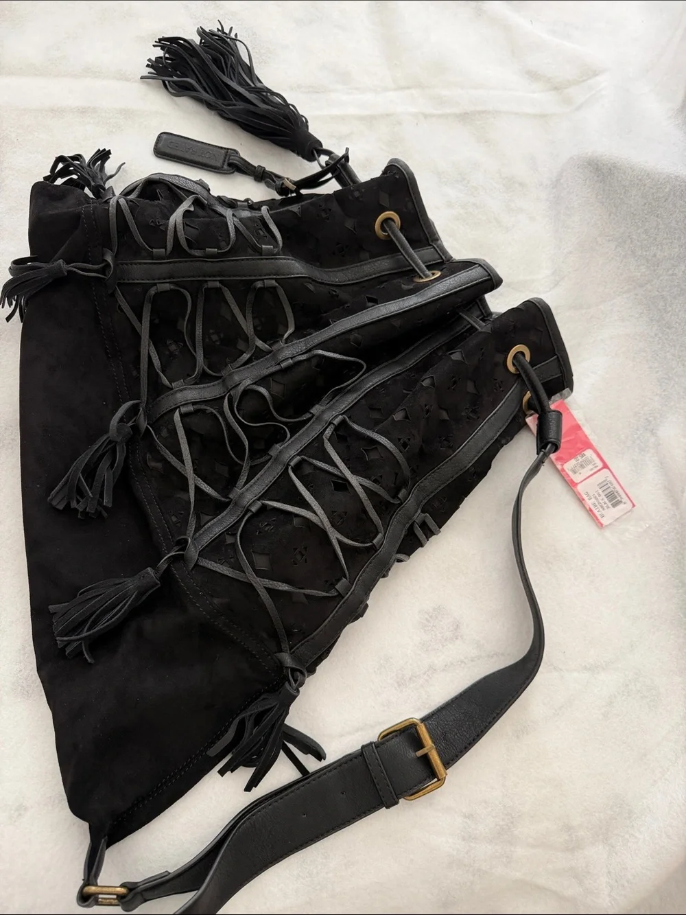 Not Rated Blaire Black Faux Suede Bucket Bag with Lace-Up Detail